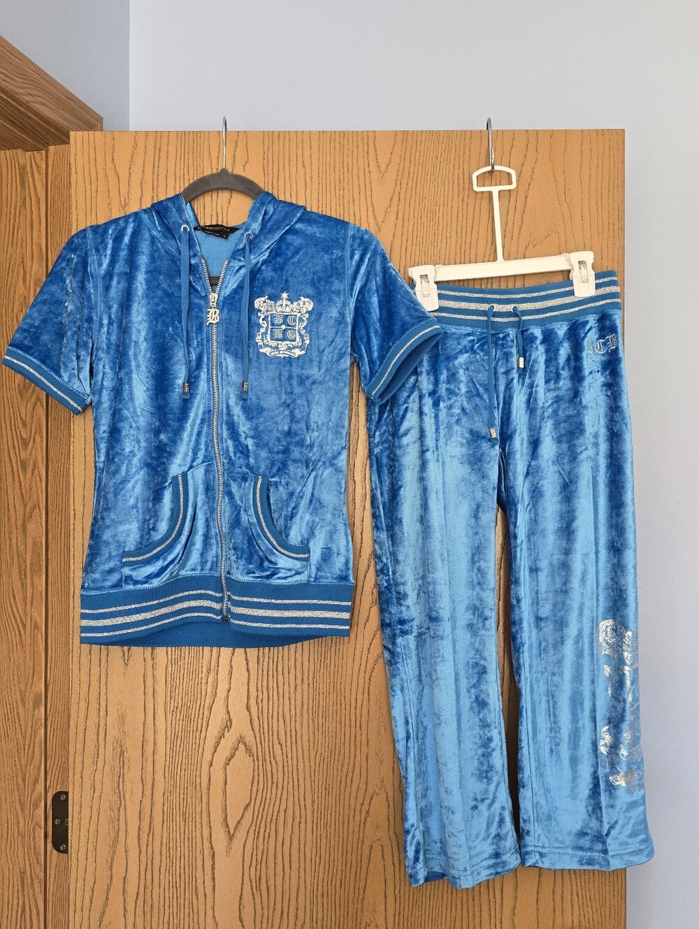 BCBGMaxAzria Blue Velour Short-Sleeve Zip Hoodie & Pants Set